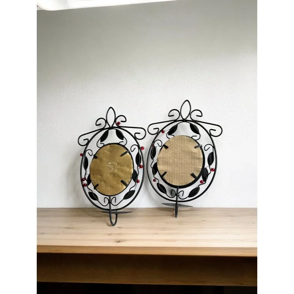 Ornate Black Wrought Iron Wall Sconces With Mirror & Candle Holder Set Of 2